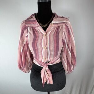 Vintage 70s Byer California Striped Tie Front Blouse Lantern Sleeve Pink Small